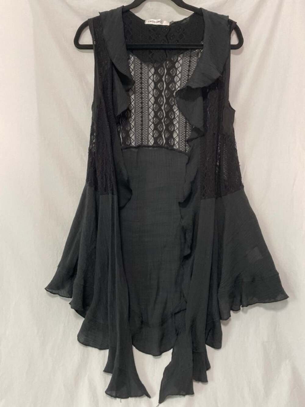Origami Black Lace and Ruffle Sleeveless Layering Cardigan, Sz S/M